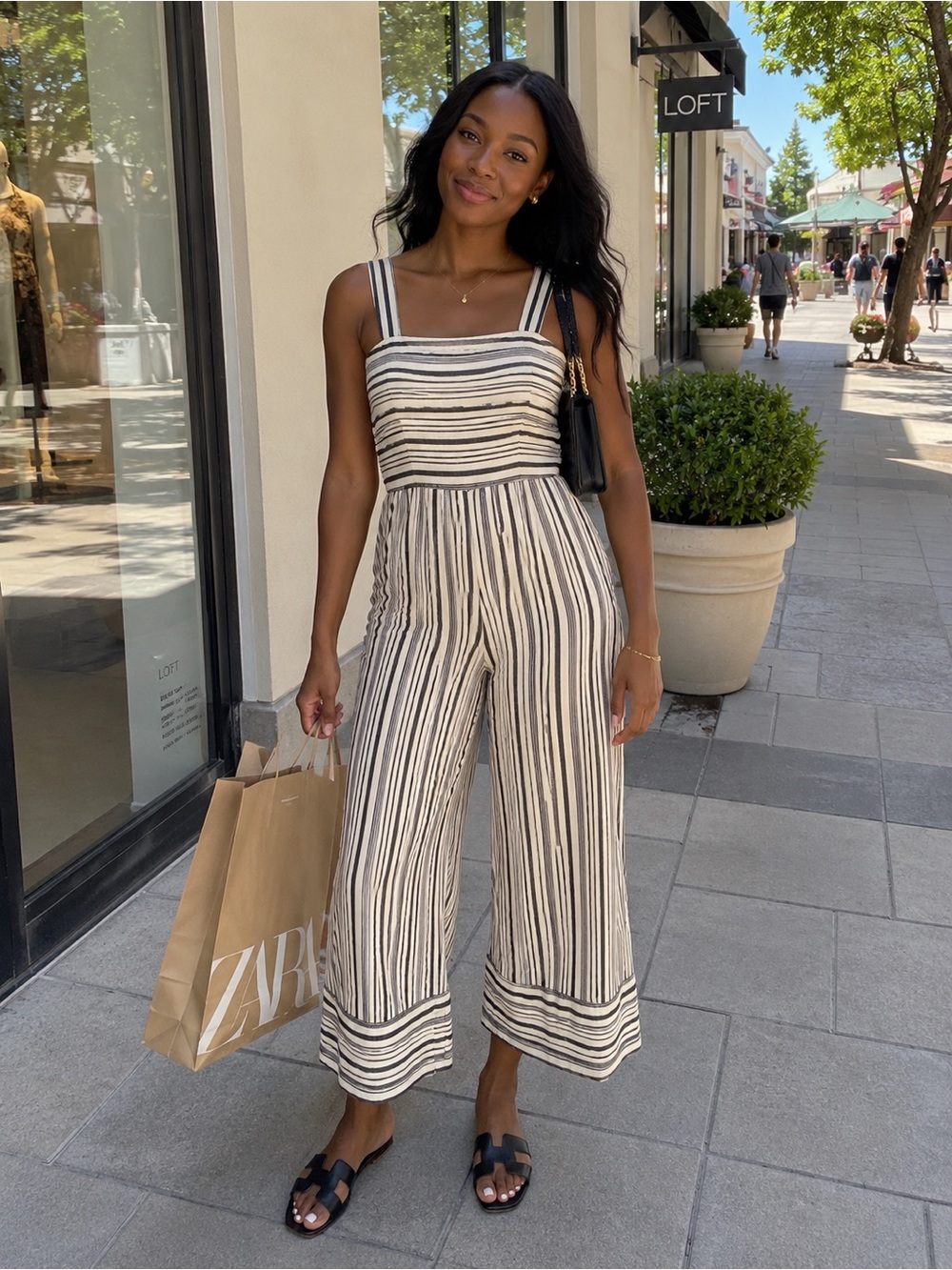 Nordstrom Rack Cream and Black Striped Square-Neck Wide-Leg Jumpsuit SZ L